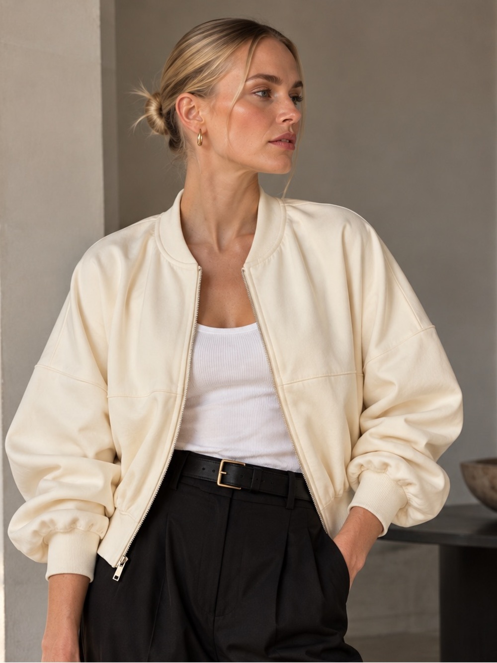 NWT Zara Cream Bomber-Style Zip-Up Sweatshirt | Size M